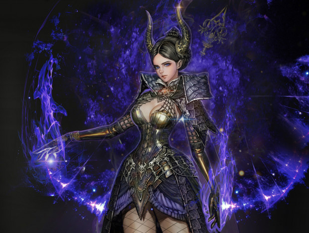 Обои картинки фото фэнтези, магия, youngmin, suh, взгляд, девушка, арт, эротика, узоры, рога