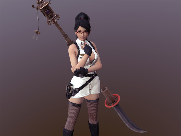 Обои картинки фото 3д графика, фантазия , fantasy, фон, оружие, девушка, взгляд