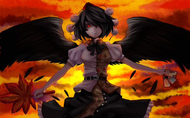 Обои картинки фото аниме, touhou, merutoreimu, арт, девушка, shameimaru, aya, крылья, помпоны, лист, глаз, перья