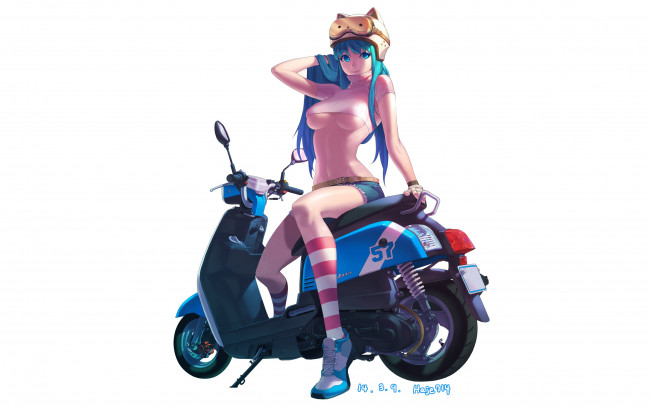 Обои картинки фото аниме, оружие,  техника,  технологии, haje, мопед, девушка, арт