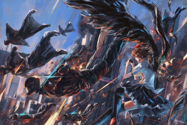 Обои картинки фото аниме, touhou, девушка, shameimaru, aya, song, ren, арт, крылья, воины, битва