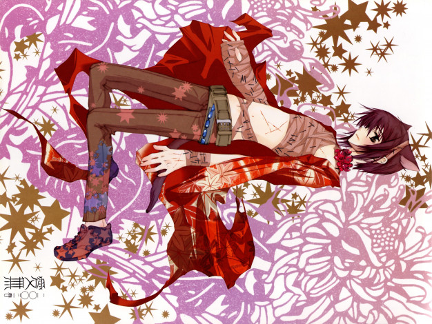 Обои картинки фото аниме, loveless, нелюбимый, ритцка, аояги, звезды, цветы, уши, хвост