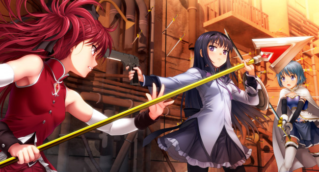 Обои картинки фото mahou shoujo madoka magika, аниме, фон, взгляд, девушки