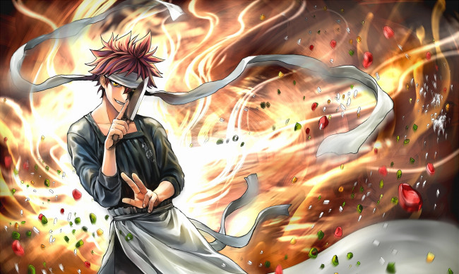 Обои картинки фото аниме, shokugeki no soma, фон, взгляд, парень