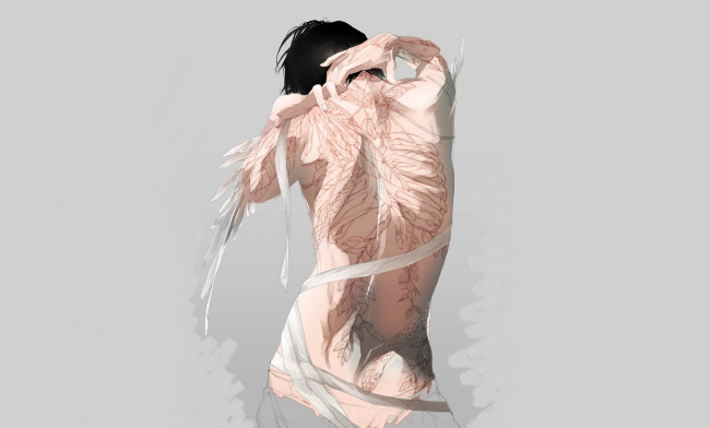 Обои картинки фото аниме, unknown,  другое, парень, спина, бинты, татуировка