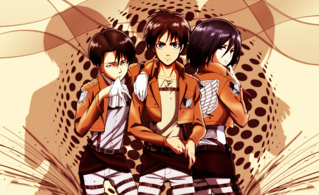 Обои картинки фото аниме, shingeki no kyojin, эрен, микаса, леви