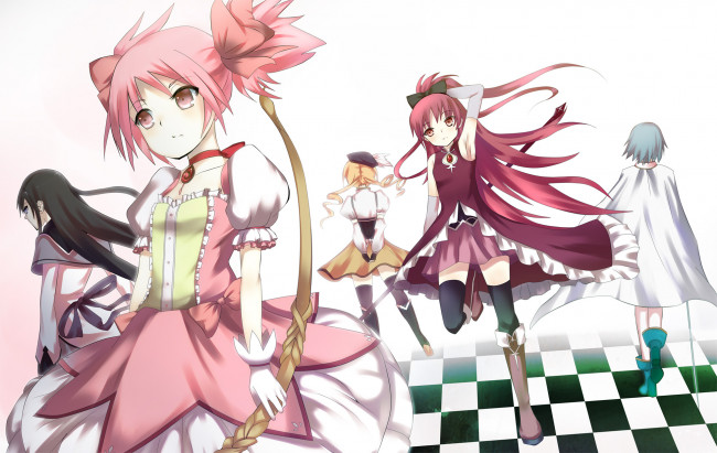 Обои картинки фото аниме, mahou shoujo madoka magika, фон, взгляд, девушки