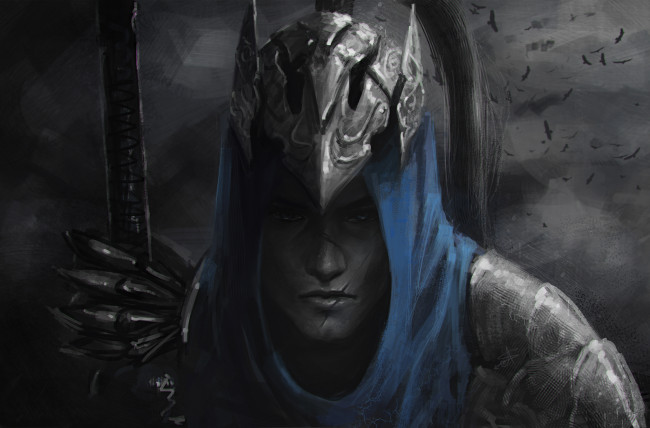 Обои картинки фото фэнтези, люди, меч, мужчина, латы, взгляд, фон