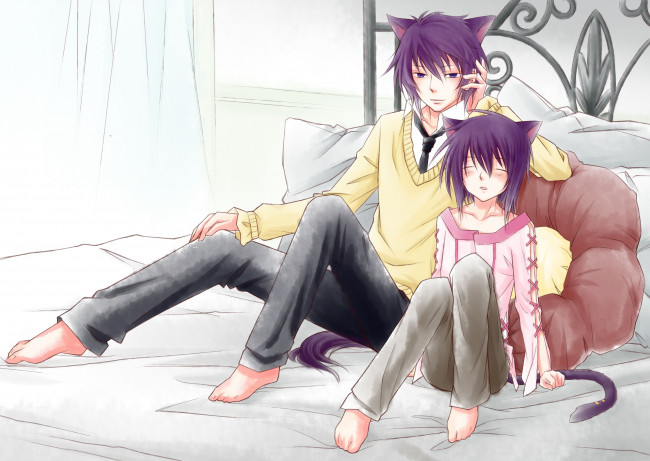 Обои картинки фото аниме, loveless, уши, хвост, подушки, кровать, ритцка, возлюбленный, братья, сеймэй, парни, нелюбимый