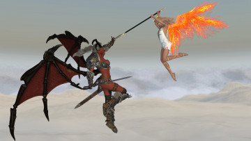 обоя 3д графика, фантазия , fantasy, демон, ангел, фон, взгляд, девушка