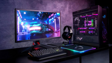 обоя компьютеры, мониторы,  ноутбуки, рабочий, стол, монитор, ces, 2020, asus, rog, swift, компьютер