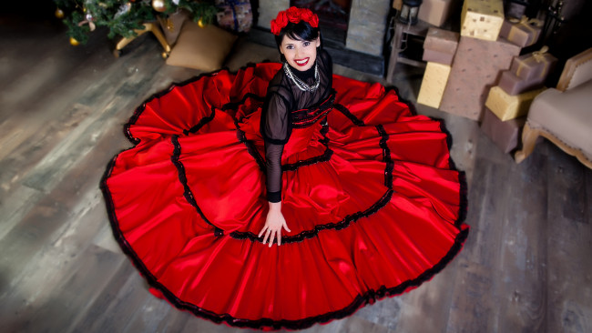 Обои картинки фото девушки, -unsort , брюнетки, темноволосые, пышное, красное, платье, красивое, девушка, в, красном