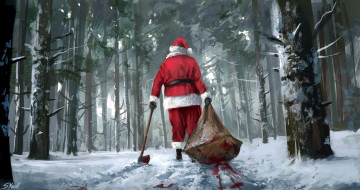 Картинка фэнтези существа санта клаус топор мешок кровь снег лес