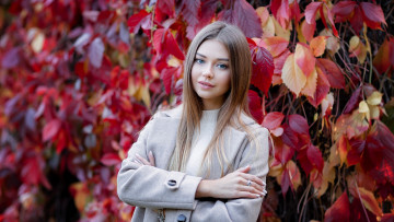 Картинка девушки полина+костюк плющ осень шатенка листья пальто поза