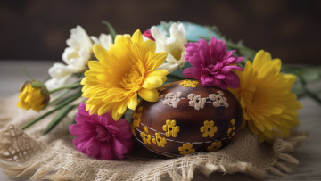 Картинка праздничные пасха цветы стол праздник яйцо яйца букет весна