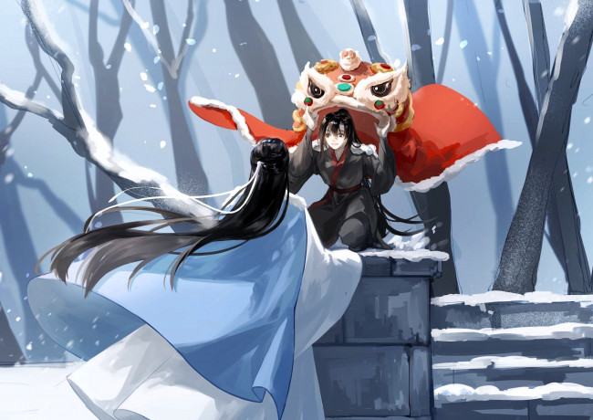 Обои картинки фото аниме, mo dao zu shi, вэй, усянь, лань, ванцзи, маска, снег, лестница