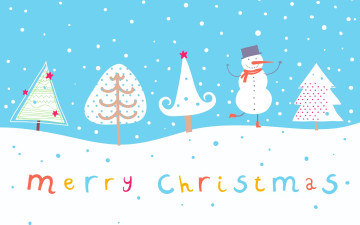 обоя праздничные, векторная графика , новый год, снеговик, деревья, снег