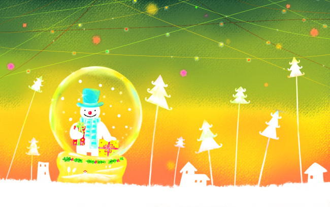 Обои картинки фото праздничные, векторная графика , новый год, снеговик, подарки, шар, ёлки