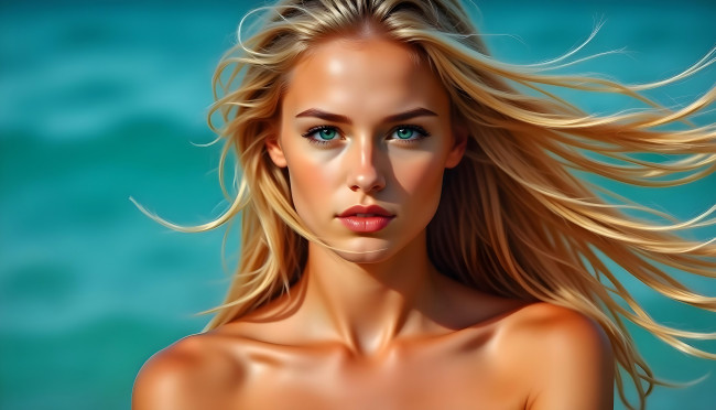 Обои картинки фото рисованное, 3д графика, портреты и лица , portraits and faсes, взгляд, девушка, волосы, блондинка, цифровое, искусство, ии-арт, нейросеть, искусственного, интеллекта