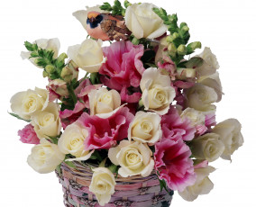 Картинка цветы букеты композиции корзинка розы птичка