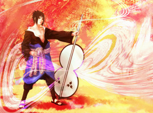 Картинка аниме naruto жёлтый фон оружие учиха саске