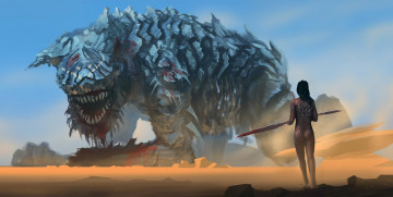 Картинка фэнтези красавицы+и+чудовища девушка дикарь копье монстр чудовище