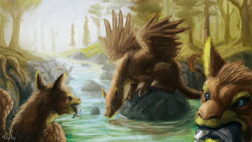 Картинка фэнтези существа река крылатые рыба ловля