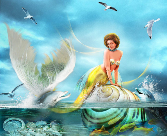 Обои картинки фото фэнтези, русалки, дельфины, хвост