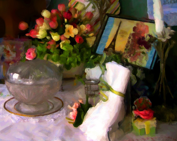 Обои картинки фото рисованные, - другое, посуда, картина, цветы