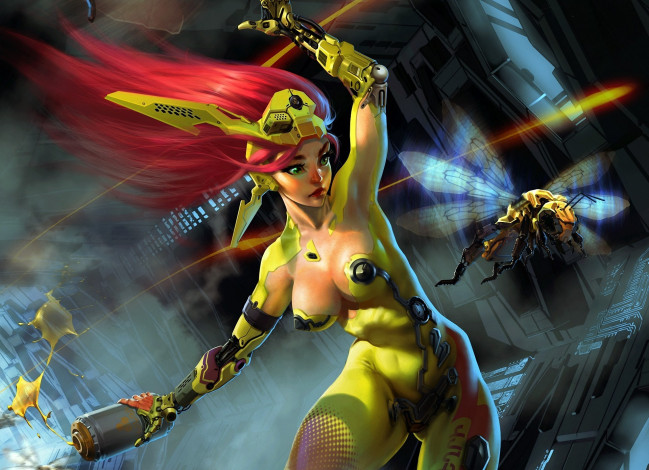 Обои картинки фото arman akopian, фэнтези, роботы,  киборги,  механизмы, девушка, будущее, киборги, оса