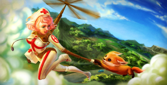 Обои картинки фото фэнтези, роботы,  киборги,  механизмы, полет, зверек, киборг, помощь, скорая