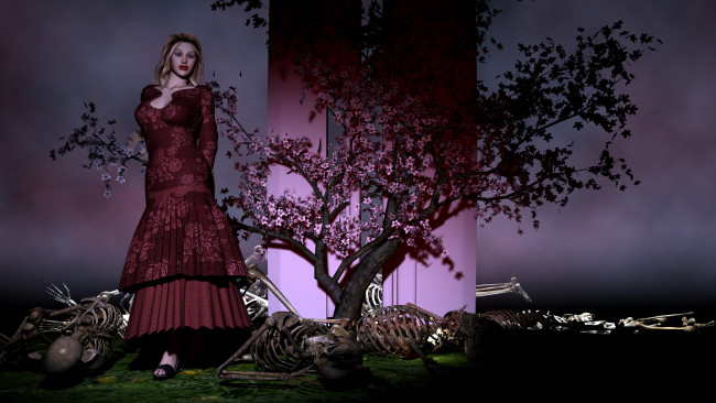 Обои картинки фото 3д графика, fantasy , фантазия, скилеты, сакура, взгляд, девушка