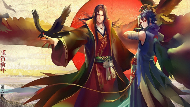 Обои картинки фото аниме, naruto, саске, птицы, итачи, красота, братья, учиха