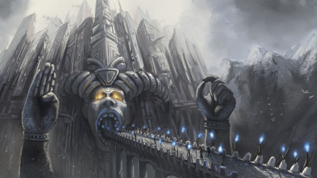 Обои картинки фото фэнтези, замки, огни, мост, горы, замок, пилигримы