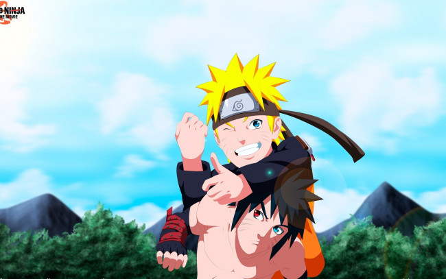 Обои картинки фото аниме, naruto, фильм, 9, небо, обьятья, наруто, менма