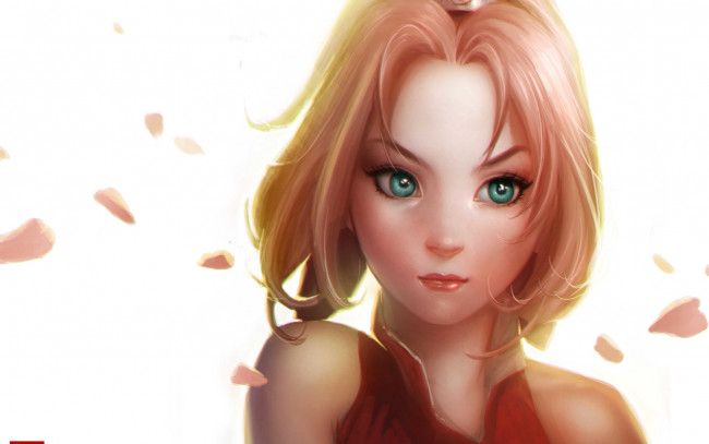 Обои картинки фото аниме, naruto, портрет, сакура, лицо, девушка, лепестки