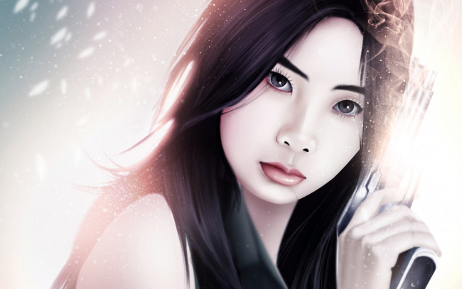 Обои картинки фото фэнтези, девушки, пистолет, азиатка, девушка