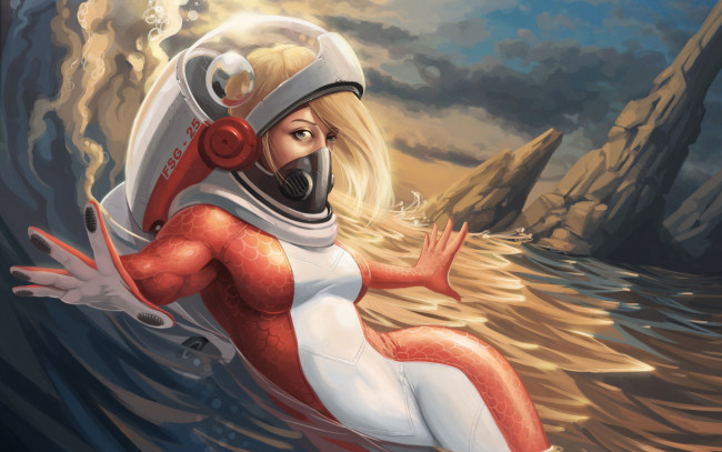 Обои картинки фото фэнтези, девушки, волны, море, акваланг, скафандр, девушка