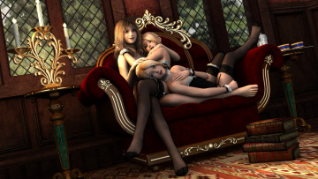 Картинка 3д+графика люди+ people девушки книги свечи диван фон взгляд