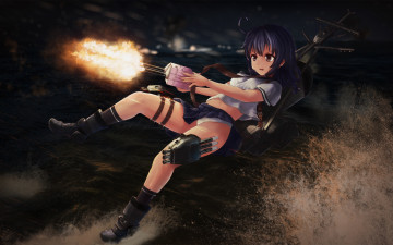 Картинка аниме kantai+collection фон оружие взгляд девушка