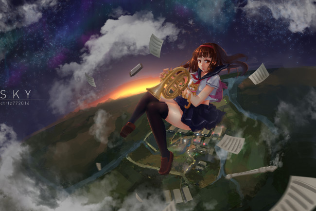 Обои картинки фото автор,  ctrlz77, аниме, музыка, город, девочка, ctrlz77, котёнок, арт, труба, закат, падение