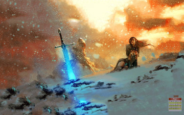 Картинка календари фэнтези девушка 2018 снег оружие взгляд