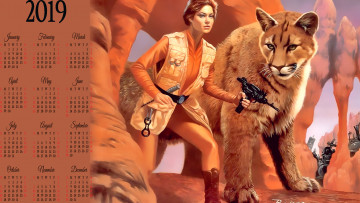 Картинка календари фэнтези животное девушка оружие