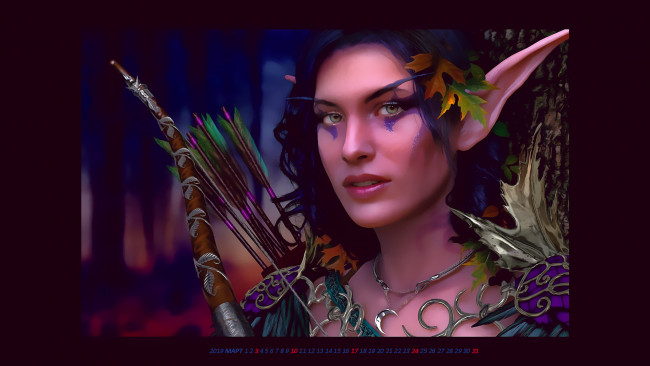 Обои картинки фото календари, фэнтези, девушка, стрела, взгляд, лицо