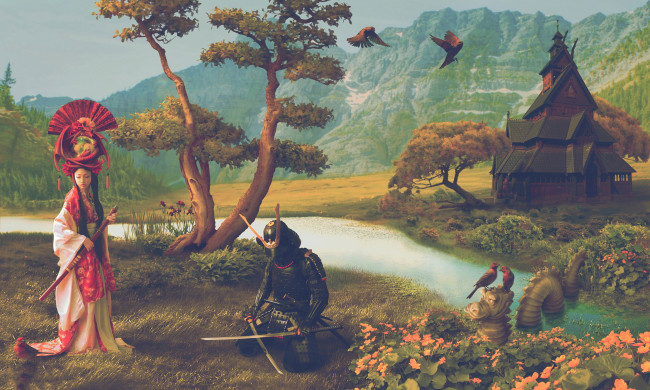 Обои картинки фото разное, компьютерный дизайн, фон, птицы, дракон, самурай, девушка