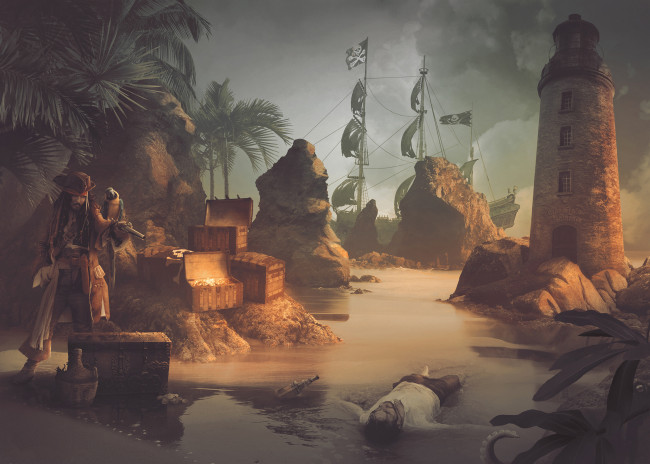 Обои картинки фото разное, компьютерный дизайн, фон, пират, корабль, скалы, попугай