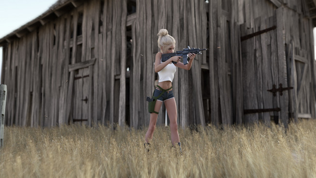 Обои картинки фото 3д графика, люди , people, автомат, сарай, фон, девушка