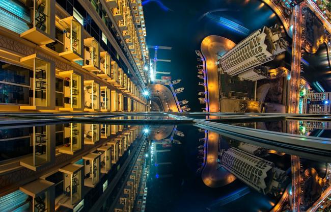 Обои картинки фото города, дубай , оаэ, небоскреб, архитектура, море, огни, дубай, пейзаж, синий, док, улица, вид, с, высоты, птичьего, полета, объединенные, арабские, эмираты, отражение, балкон