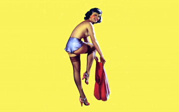 обоя рисованное, gil elvgren, девушка, пин-ап, белье, чулки, одевание