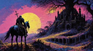 Картинка фэнтези люди нейросети графика нейроарт ai art нейронные сети рисунки нейро искусство нейрографика graphics neuroart neural networks drawings neuro neurography всадник на коне с мечом направляется к замку